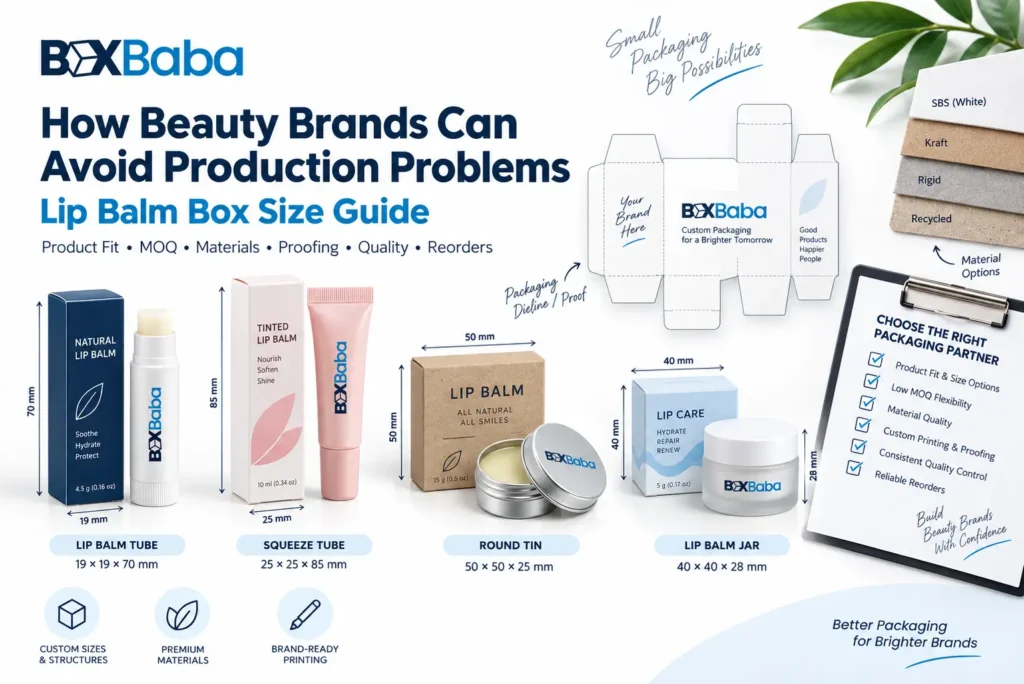 Lip balm box size guide showing twist-up tubes squeeze tubes tins and pots with measurement and box sizing details