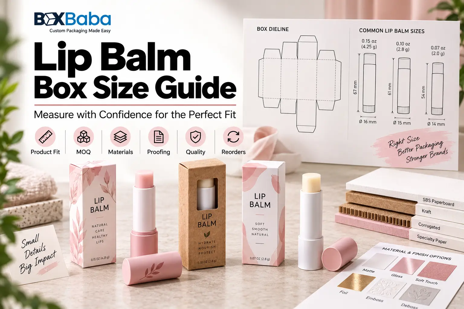 Lip balm box size guide showing twist-up tubes squeeze tubes tins and pots with measurement and box sizing details
