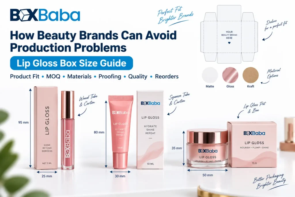 Lip gloss box size guide showing how to measure wand tubes, squeeze tubes, pots and multi-shade sets for custom packaging