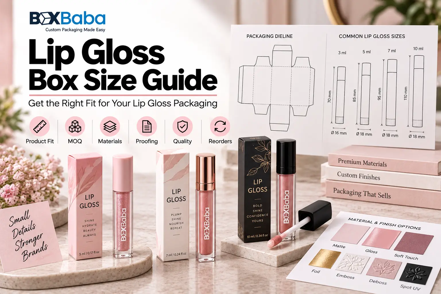 Lip gloss box size guide showing how to measure wand tubes, squeeze tubes, pots and multi-shade sets for custom packaging