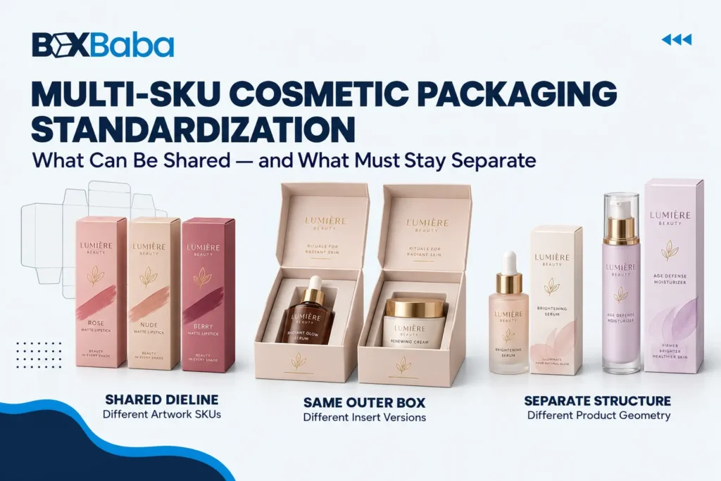 Multi-SKU cosmetic packaging standardization showing shared dielines, different insert versions and separate structures