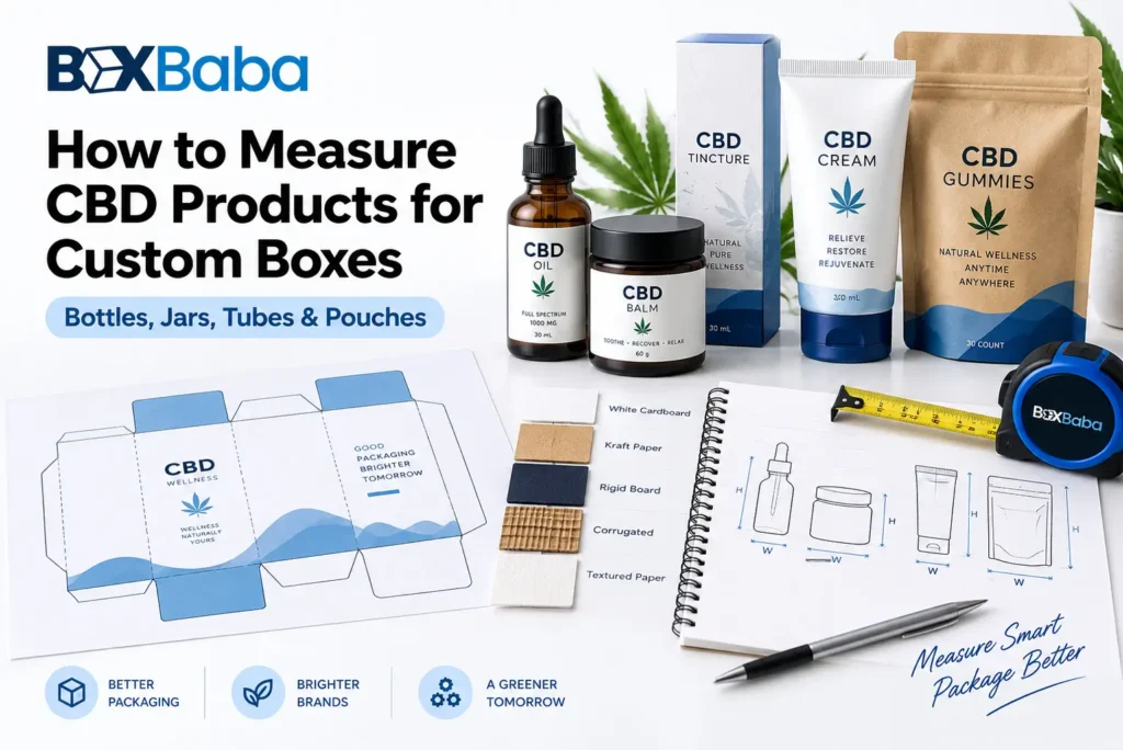 CBD multi-product set measurement diagram showing dropper bottle balm jar and lip care tube measured separately and arranged in different box layouts
