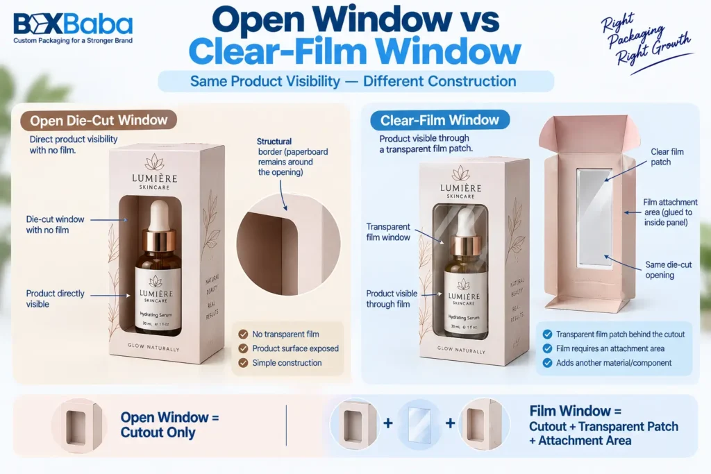 Open die-cut vs clear-film cosmetic packaging window showing cutout construction, transparent film and attachment area