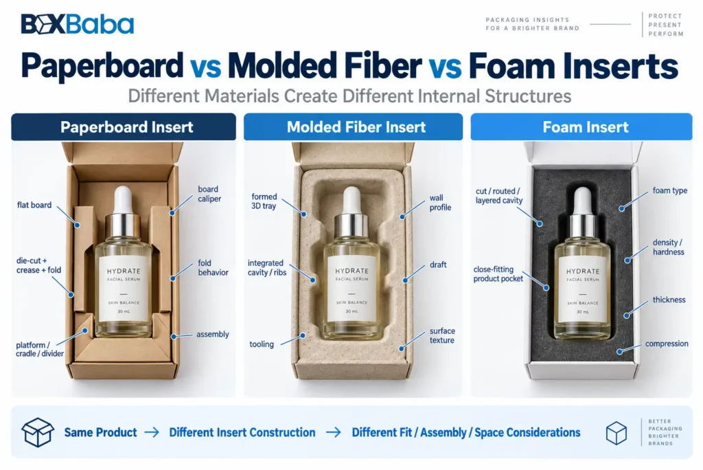 Paperboard vs molded fiber vs foam cosmetic inserts showing different cavity construction, fit and assembly characteristics