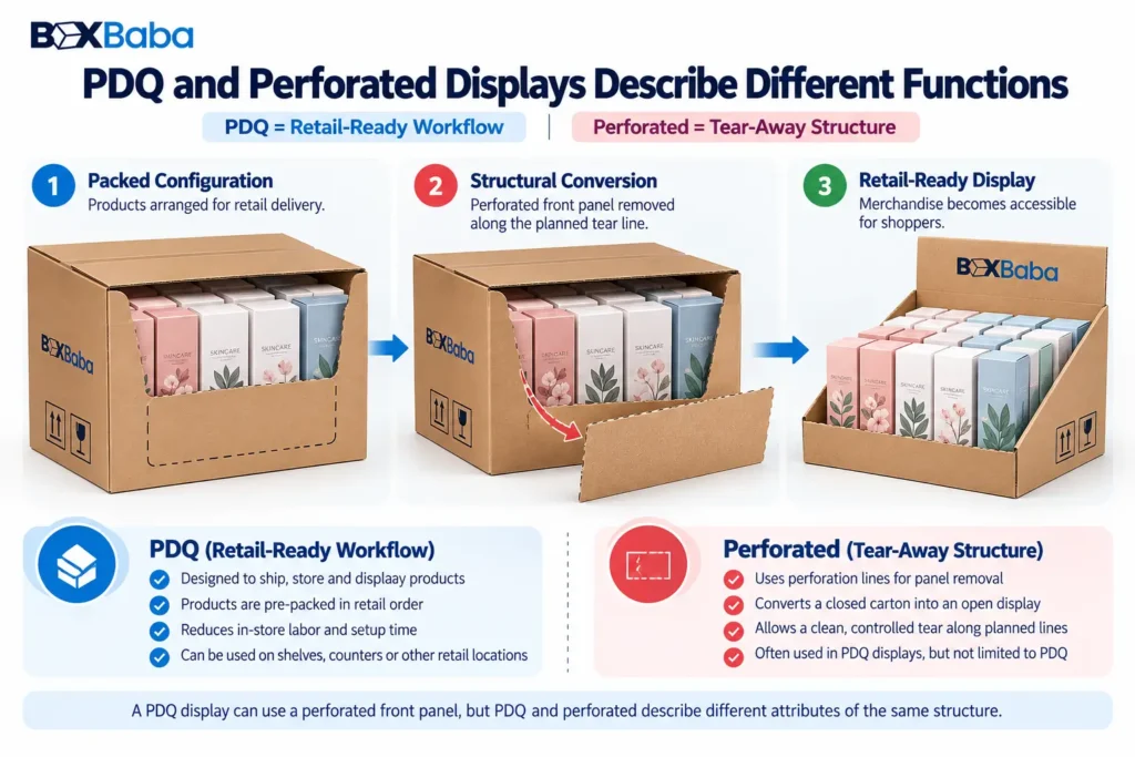 PDQ and perforated display packaging diagram showing a packed retail-ready carton, tear-away panel removal and the finished open retail display.