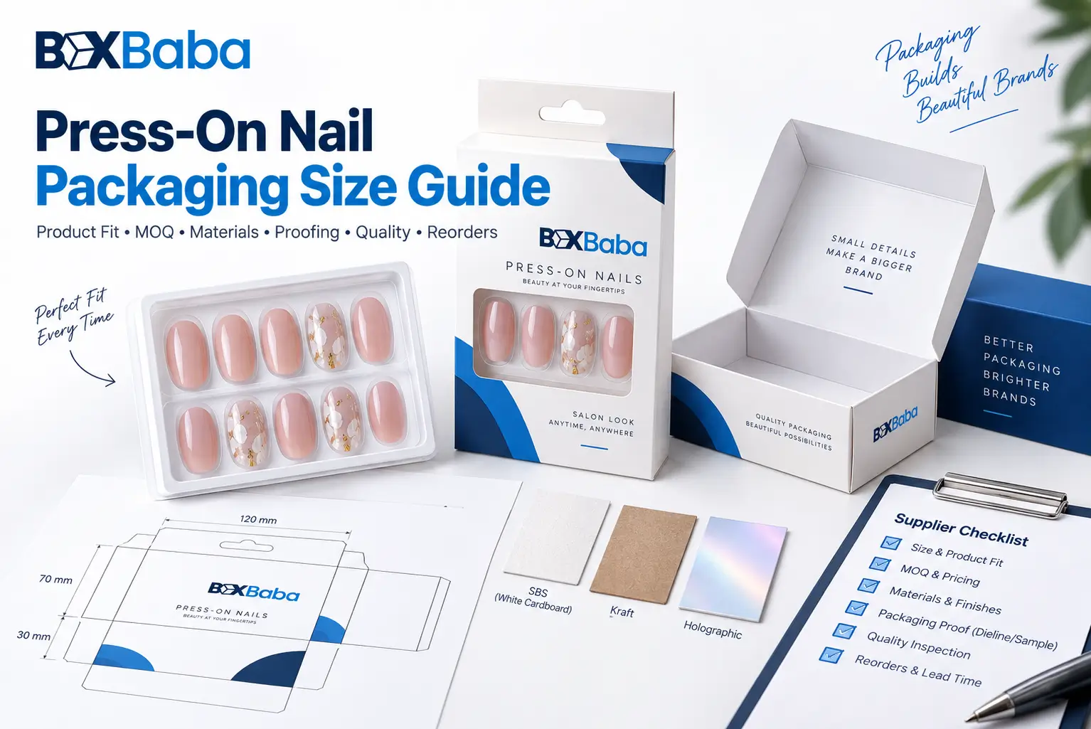 Press-on nail packaging size guide showing loaded nail trays nail height decorations accessories and box sizing measurements