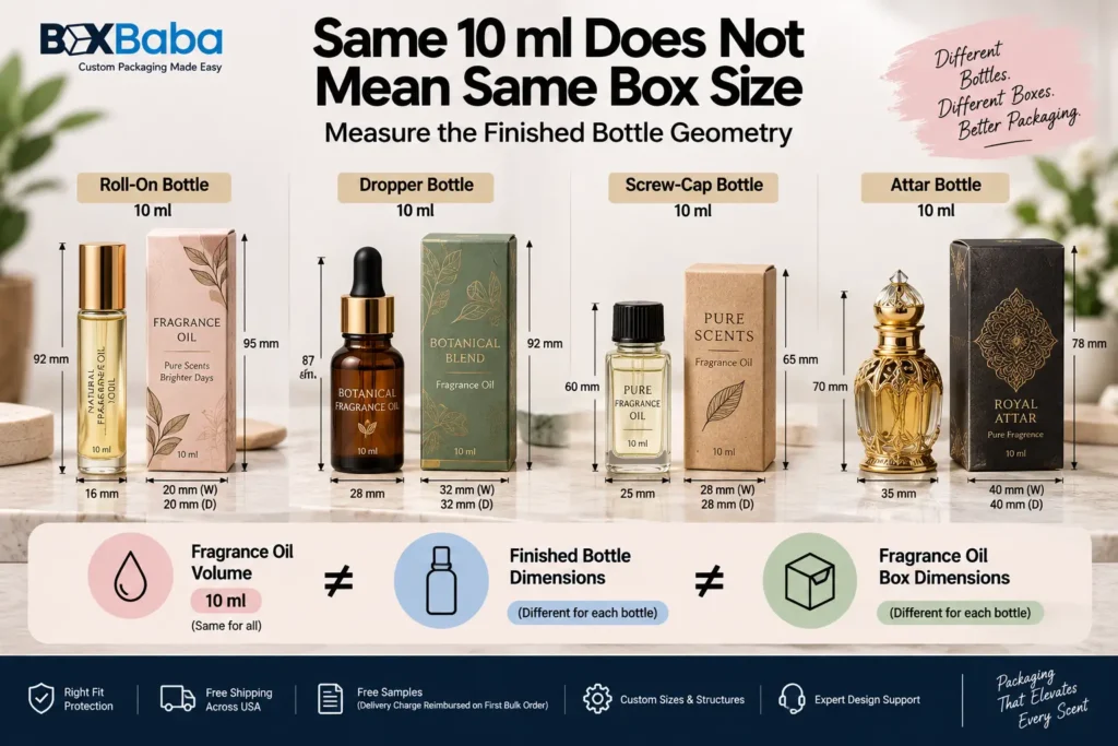 Four 10 ml fragrance oil bottles with different roller dropper screw-cap and attar geometries requiring different box sizes