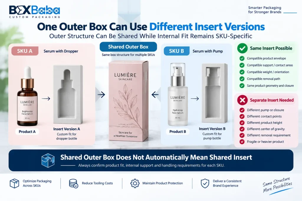 Shared cosmetic outer box with different insert versions showing SKU-specific product fit and internal support requirements