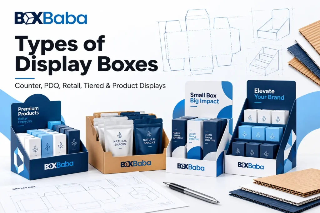 Types of retail display boxes classified by placement, structure, support, material and application