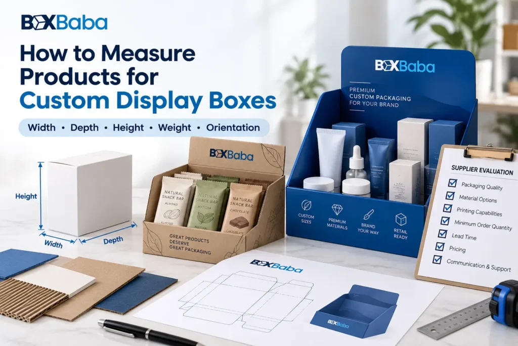 Measuring product dimensions for custom display boxes using width, depth and height