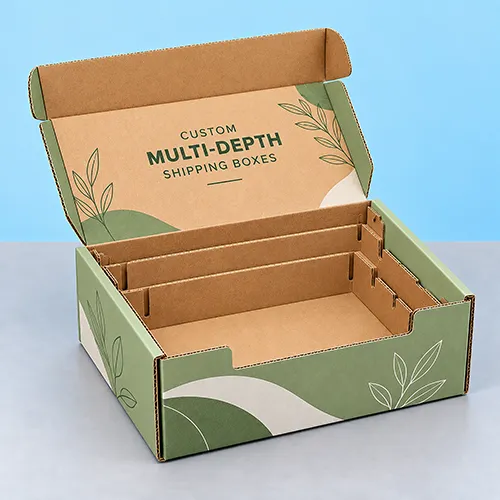 Adjustable multi-depth shipping boxes for products of different heights and sizes