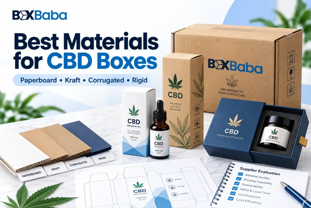CBD box material comparison showing white paperboard natural kraft corrugated and rigid packaging for retail ecommerce and presentation uses
