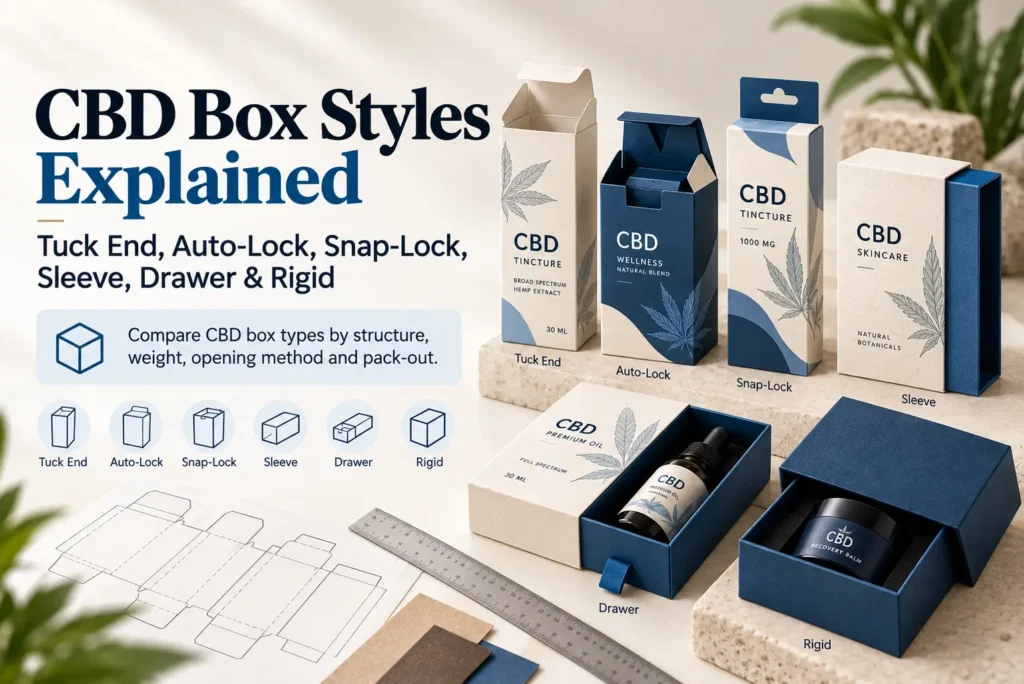 CBD box styles comparison showing tuck end auto-lock snap-lock sleeve drawer and rigid packaging structures