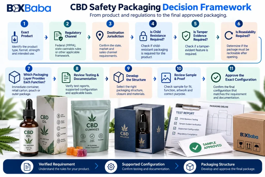 CBD packaging decision framework showing product jurisdiction child resistance tamper evidence resealability packaging layer documentation structure and approval