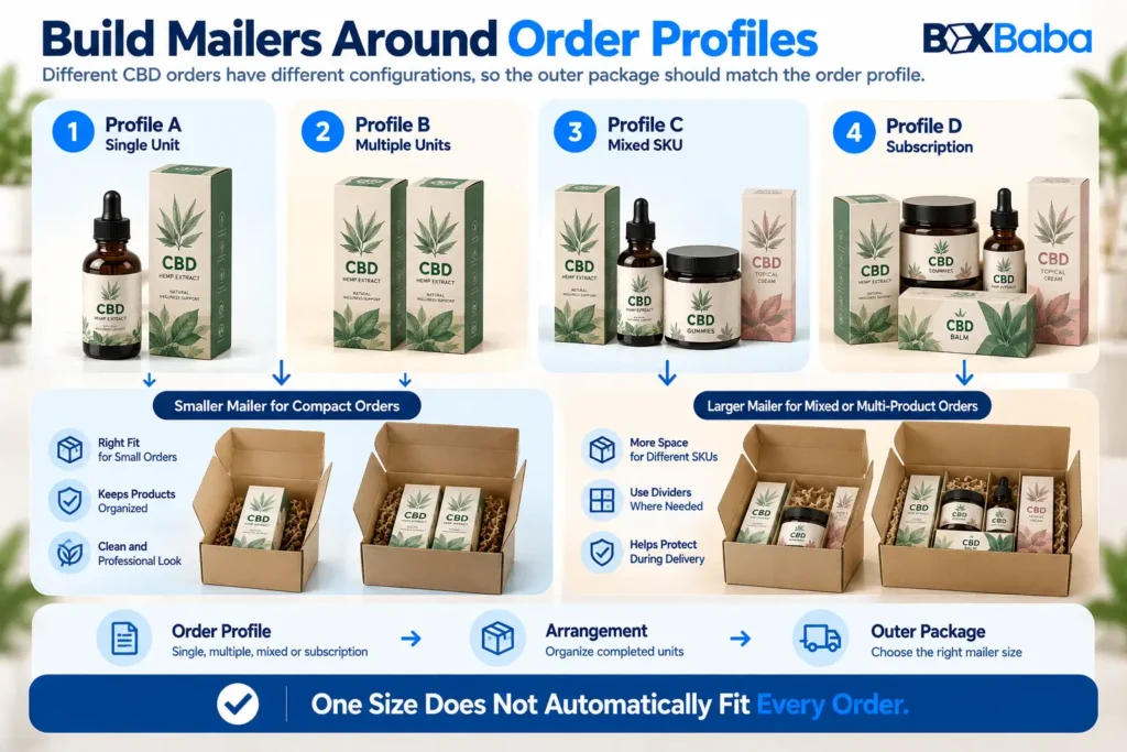 CBD ecommerce order profiles showing single-unit, multi-unit, mixed-SKU and subscription orders before selecting mailer sizes