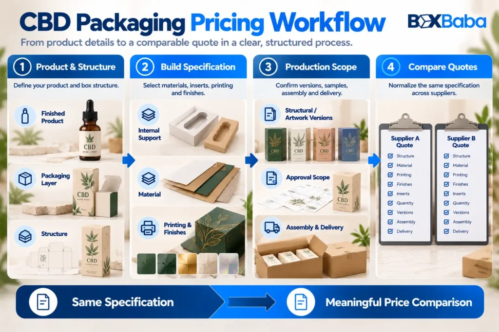 CBD packaging pricing workflow from finished product and box structure through material, finishes, versions, approval scope and normalized supplier quotes