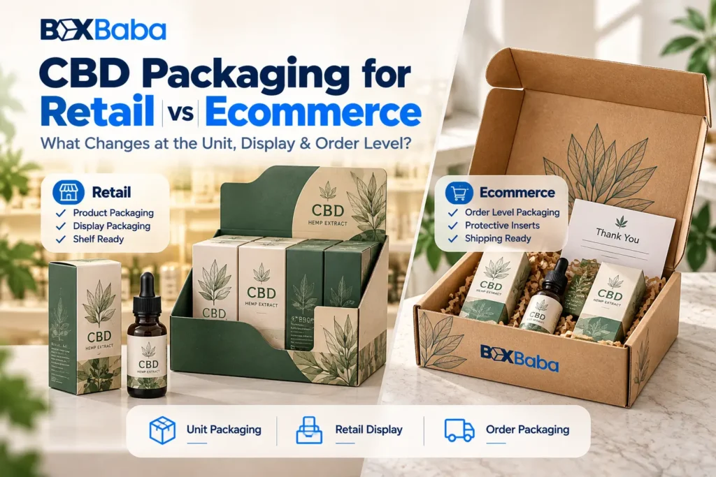 CBD retail display packaging compared with ecommerce order packaging using shared unit cartons and channel-specific outer packaging