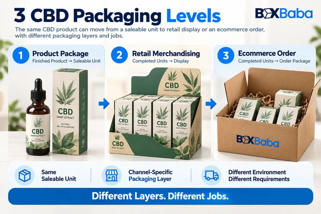 Three CBD packaging levels showing a saleable unit, retail display packaging and ecommerce order packaging