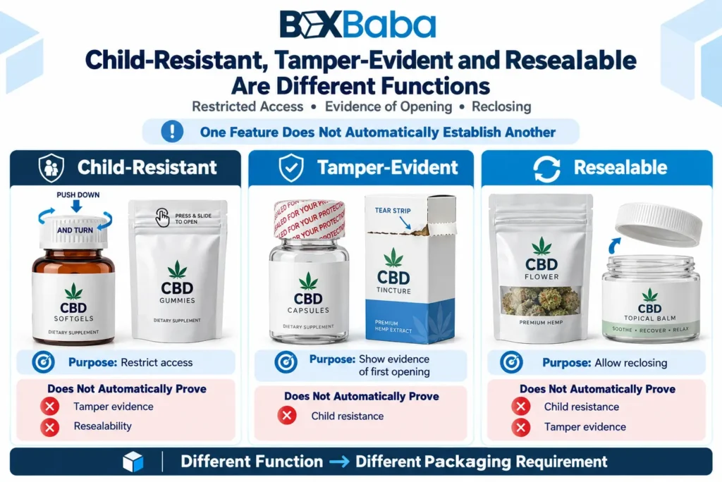 CBD packaging comparison showing child-resistant tamper-evident and resealable packaging as three separate functions