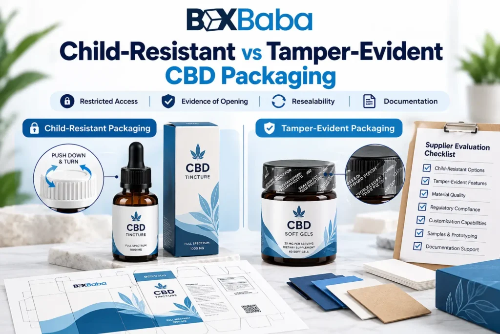 Child-resistant vs tamper-evident CBD packaging comparison showing restricted access first-opening evidence and resealable packaging functions