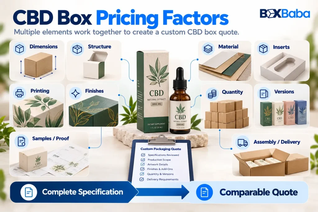 Custom CBD box pricing factors showing dimensions, structure, material, inserts, printing, finishes, quantity and artwork versions contributing to a quote