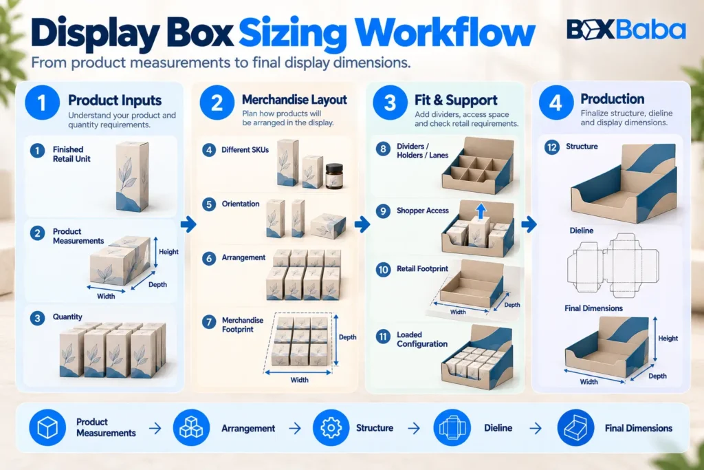Display box sizing workflow from product measurements and arrangement through support, retail footprint, structure and final dieline dimensions