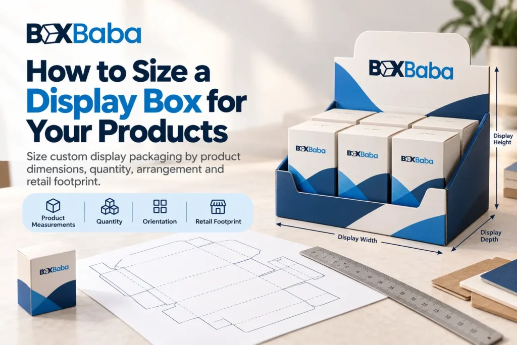 Display box sizing guide based on product dimensions, quantity, orientation and retail footprint