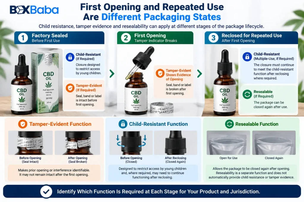 1. CBD packaging lifecycle diagram comparing initial child resistance first opening and multiple-use reclosable child-resistant packaging