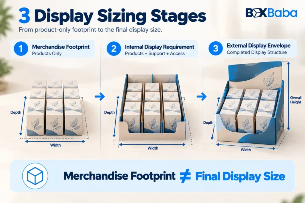 Three-stage display sizing diagram showing merchandise footprint, internal display requirement and final external display size