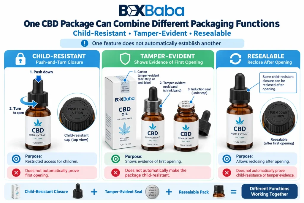 Diagram comparing federal PPPA immediate-package child-resistant requirements with state cannabis packaging rules and packaging layers