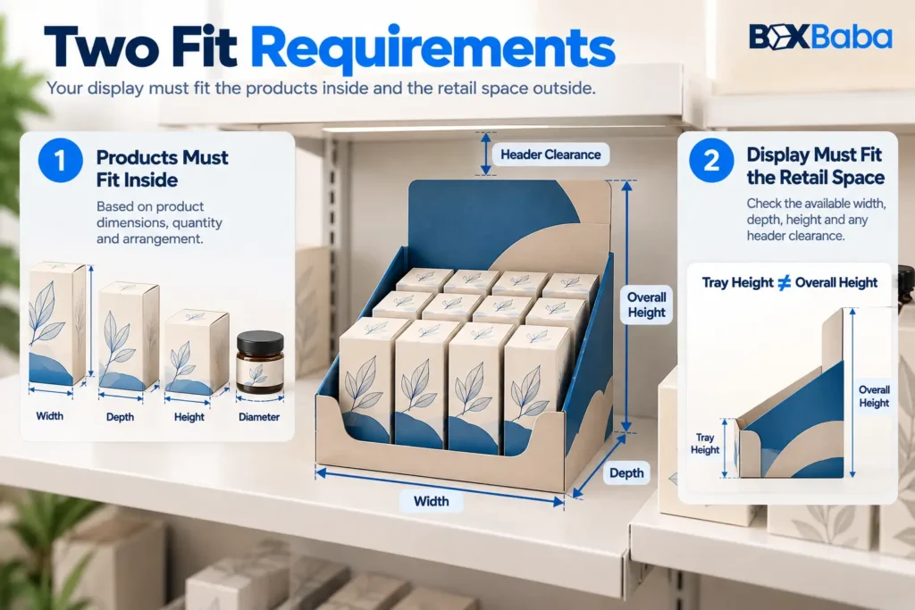 Retail display box diagram showing product fit, display width, depth, overall height and shelf or header clearance