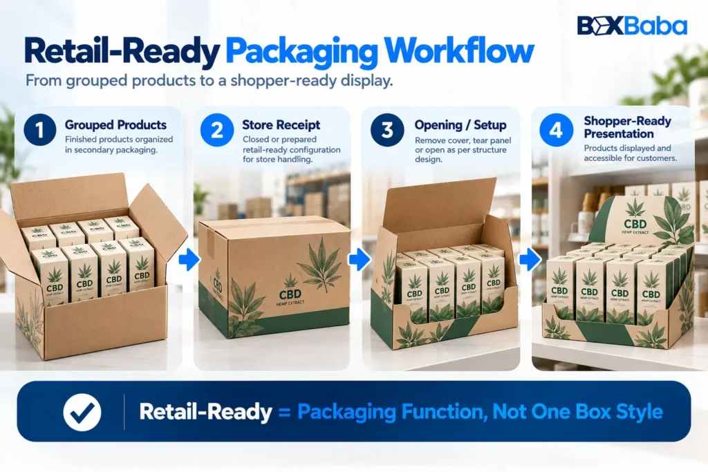 Retail-ready packaging workflow showing grouped products moving through store receipt and setup into a shopper-ready display