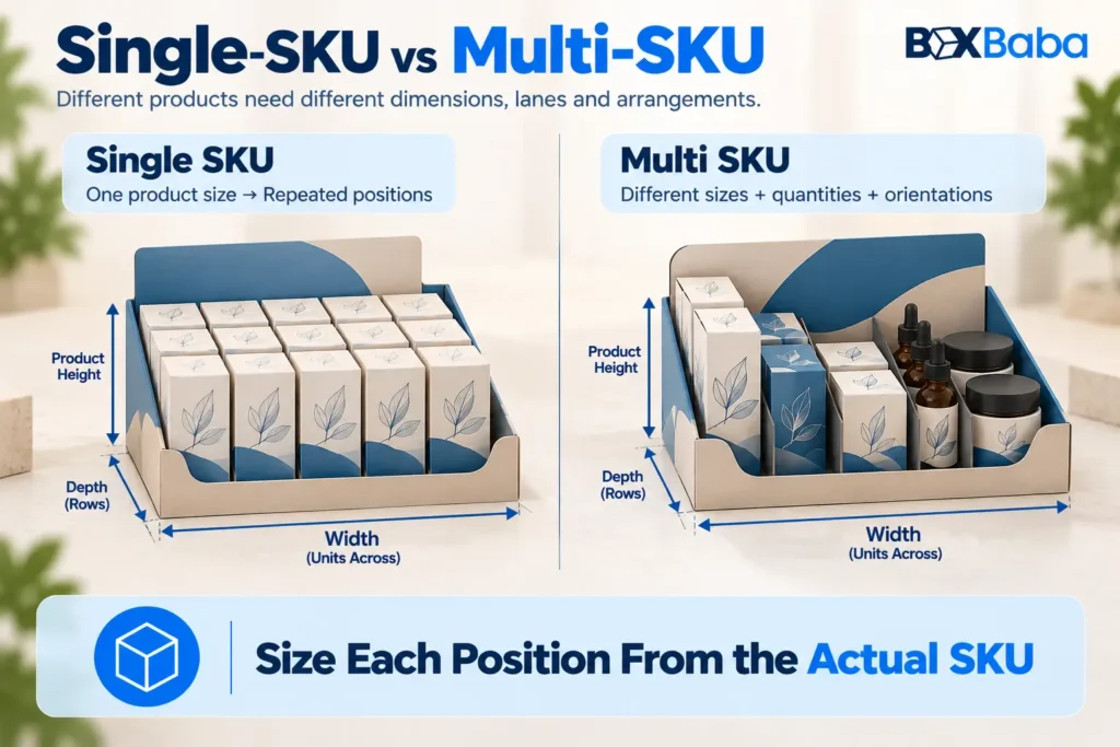 Single-SKU and multi-SKU retail displays compared by product size, orientation, lane width and merchandise layout