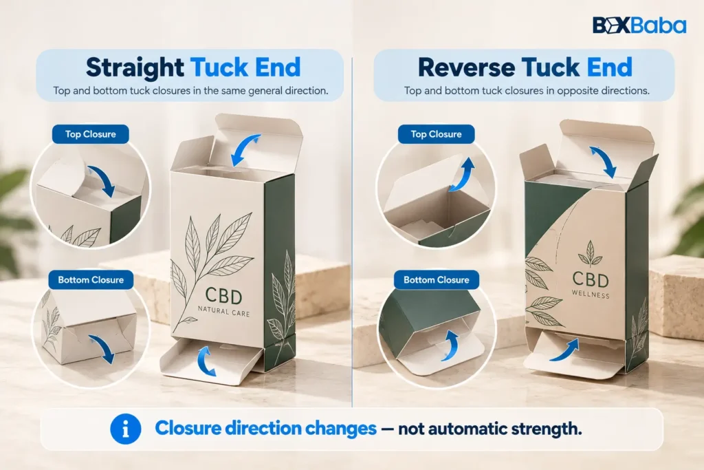 Straight tuck and reverse tuck CBD cartons compared by top and bottom closure direction