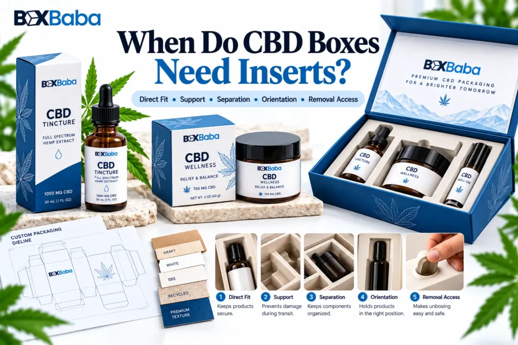 CBD box insert guide comparing direct fit integrated carton support and separate inserts for bottles jars and multi-product packaging