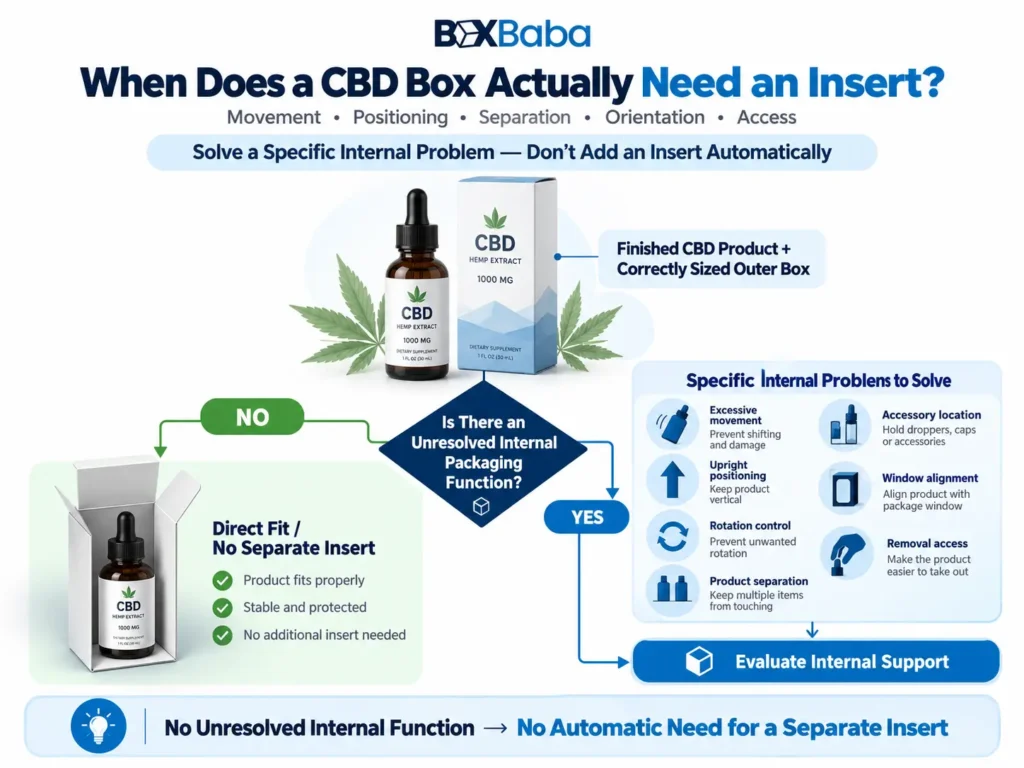 CBD box insert decision diagram showing when movement positioning separation orientation or removal access creates a need for an insert